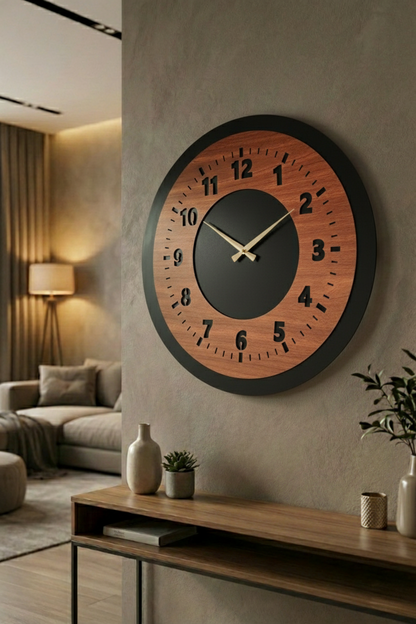 Ahşap Ceviz Mobilya Renk Desenli Hediyelik Sessiz Duvar Saati 50cm