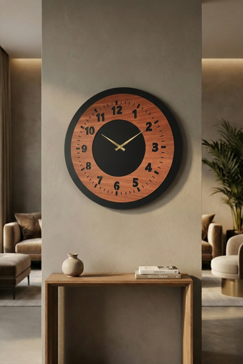 Ahşap Ceviz Mobilya Renk Desenli Hediyelik Sessiz Duvar Saati 50cm