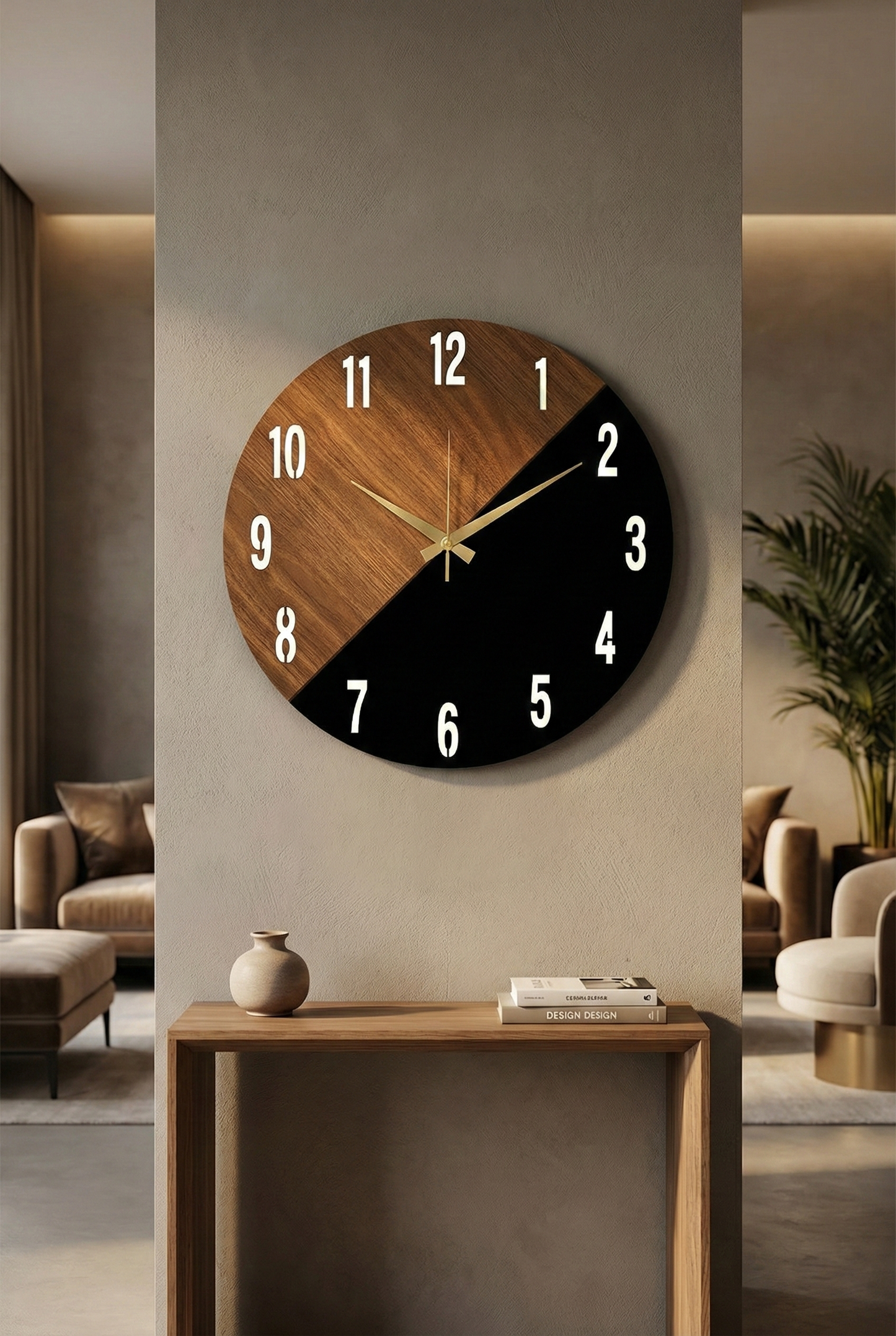 Ahşap Ceviz Mobilya Renk Desenli Hediyelik Sessiz Duvar Saati 50cm