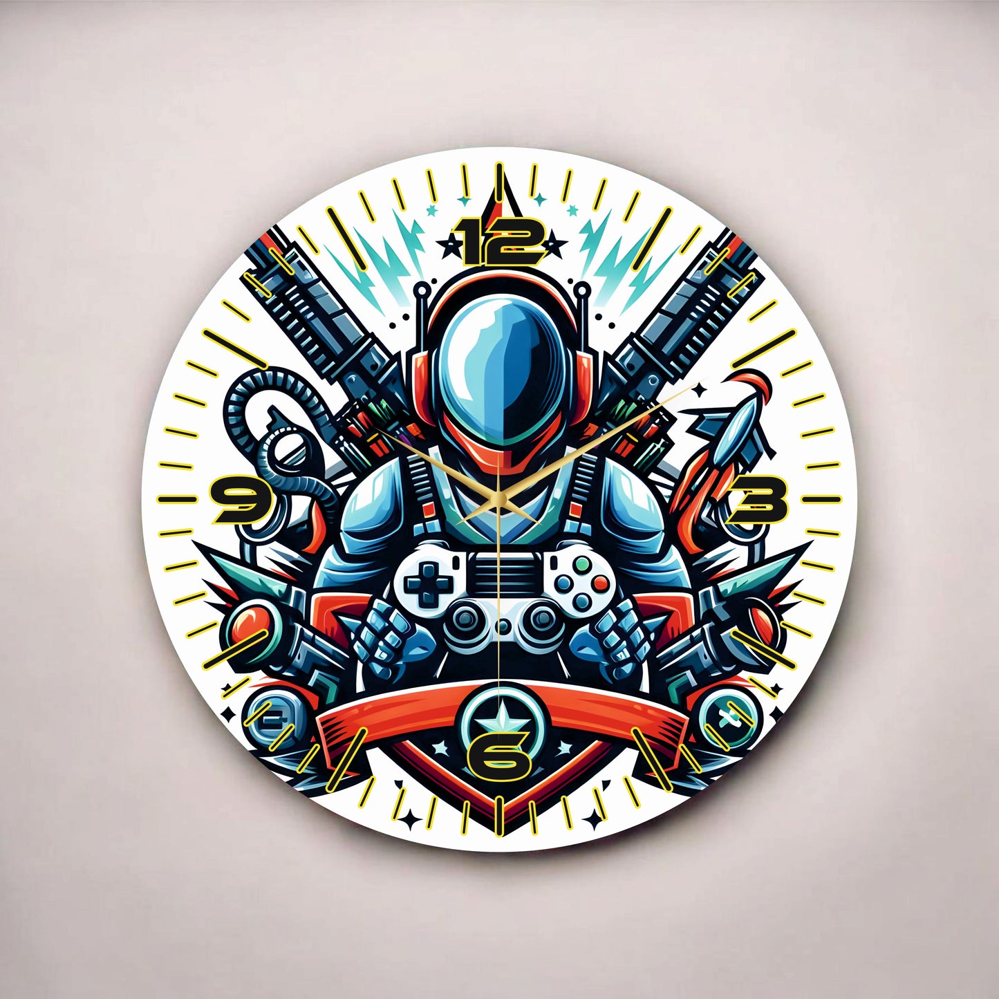 Gamer Oyuncu Renkli Baskı Desenli Sayılı Hediyelik Ahşap Sessiz Tablo Duvar Saati