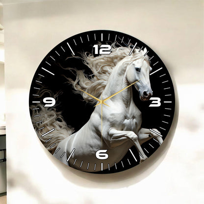 Beyaz At Siyah Renkli Baskı Hayvan Desenli Sayılı Hediyelik Ahşap Sessiz Tablo Duvar Saati