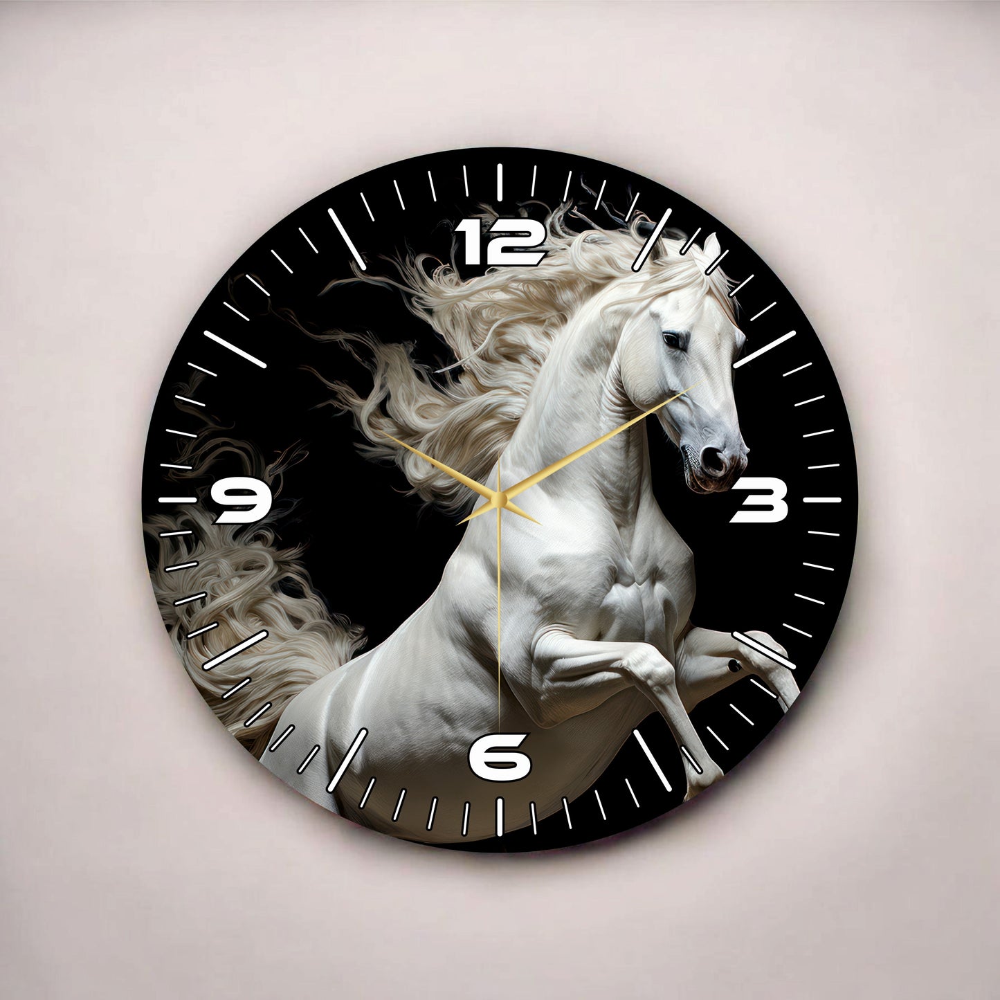 Beyaz At Siyah Renkli Baskı Hayvan Desenli Sayılı Hediyelik Ahşap Sessiz Tablo Duvar Saati