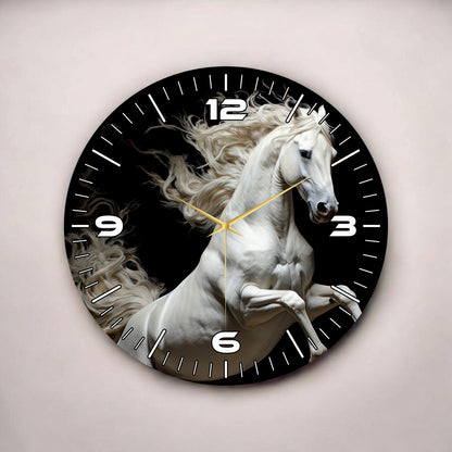 Beyaz At Siyah Renkli Baskı Hayvan Desenli Sayılı Hediyelik Ahşap Sessiz Tablo Duvar Saati