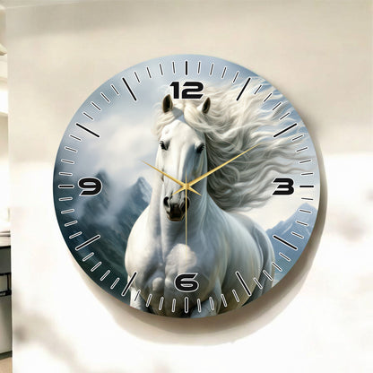 Beyaz At Renkli Baskı Hayvan Desenli Sayılı Hediyelik Ahşap Sessiz Tablo Duvar Saati