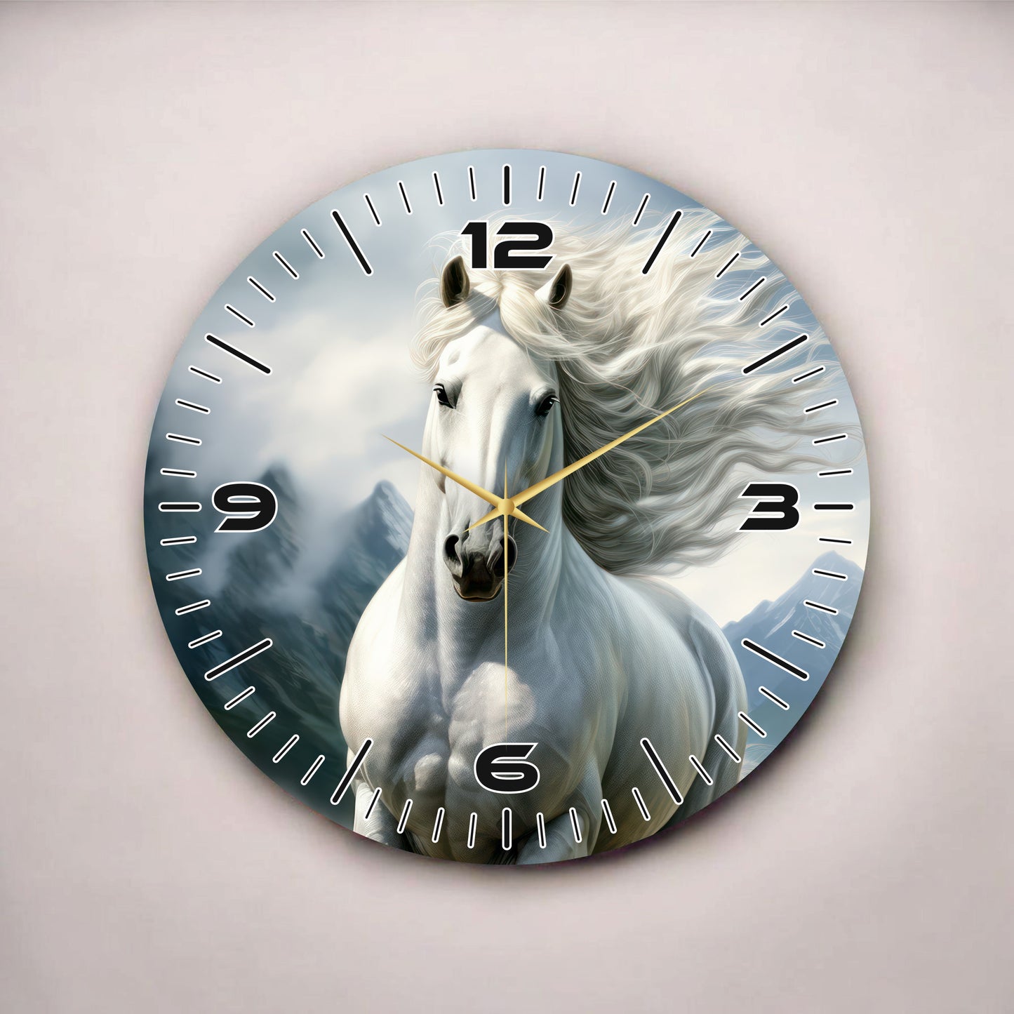Beyaz At Renkli Baskı Hayvan Desenli Sayılı Hediyelik Ahşap Sessiz Tablo Duvar Saati