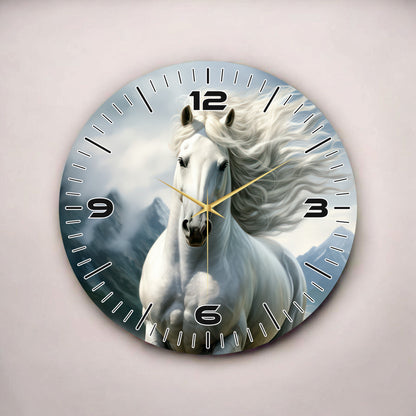 Beyaz At Renkli Baskı Hayvan Desenli Sayılı Hediyelik Ahşap Sessiz Tablo Duvar Saati