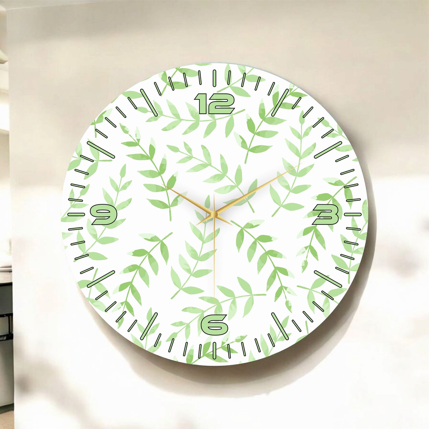 Renkli Baskı Yaprak Bitki Desenli Sayılı Hediyelik Ahşap Sessiz Tablo Duvar Saati