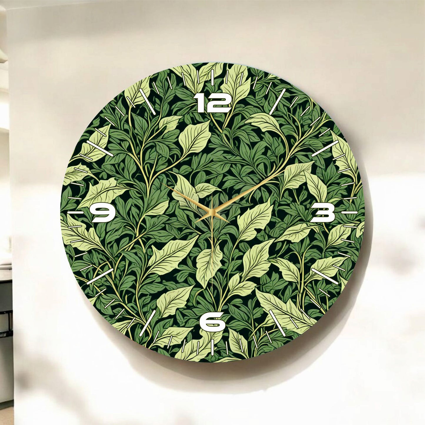 Yeşil Renkli Baskı Yaprak Desenli Sayılı Hediyelik Ahşap Sessiz Tablo Duvar Saati
