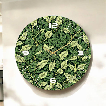 Yeşil Renkli Baskı Yaprak Desenli Sayılı Hediyelik Ahşap Sessiz Tablo Duvar Saati