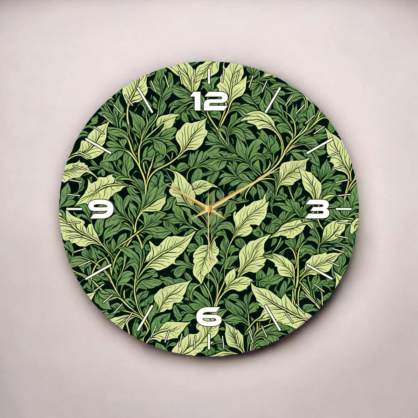 Yeşil Renkli Baskı Yaprak Desenli Sayılı Hediyelik Ahşap Sessiz Tablo Duvar Saati