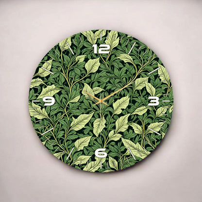 Yeşil Renkli Baskı Yaprak Desenli Sayılı Hediyelik Ahşap Sessiz Tablo Duvar Saati