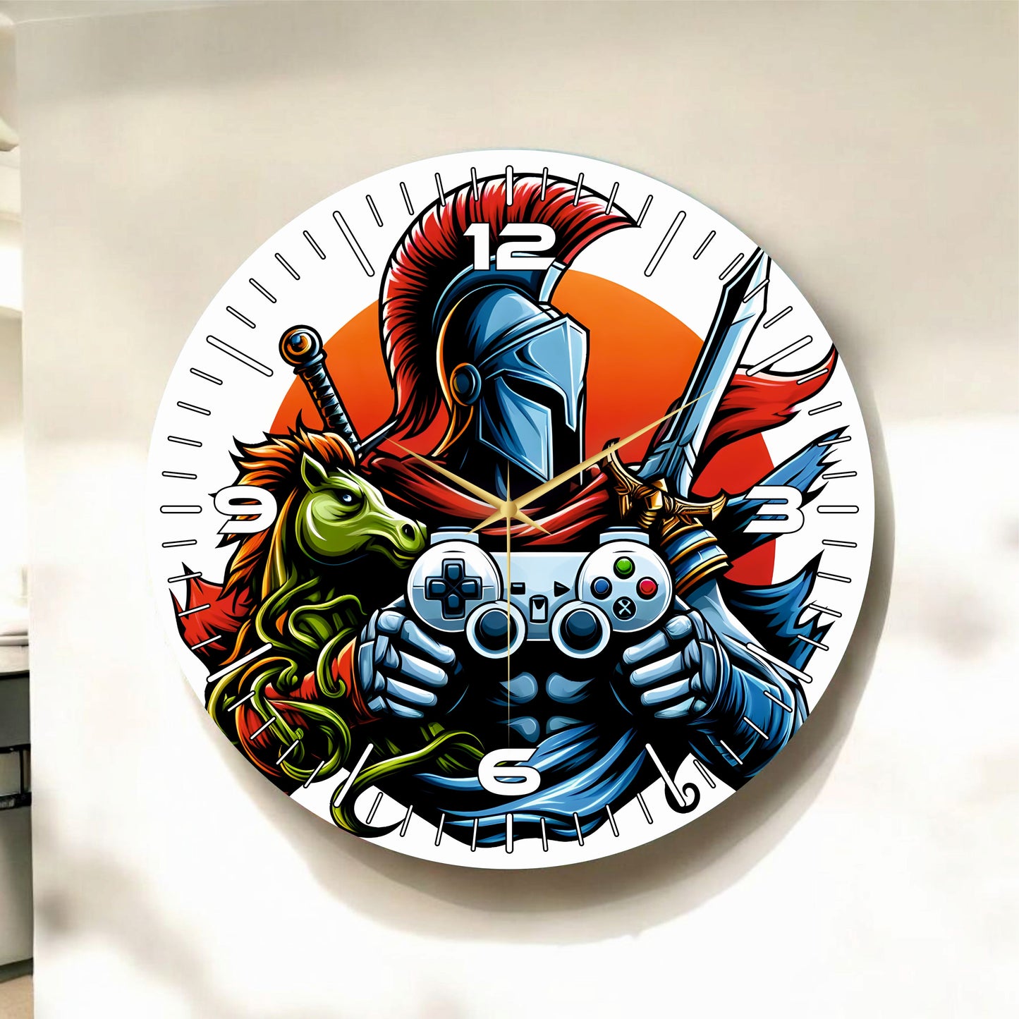 Renkli Baskı Gamer Şövalye Desenli Sayılı Hediyelik Ahşap Sessiz Tablo Duvar Saati