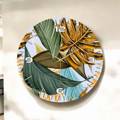 Renkli Baskı Yaprak Çiçek Desenli Sayılı Hediyelik Ahşap Sessiz Tablo Duvar Saati 45cm