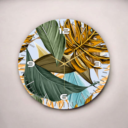 Renkli Baskı Yaprak Çiçek Desenli Sayılı Hediyelik Ahşap Sessiz Tablo Duvar Saati 45cm