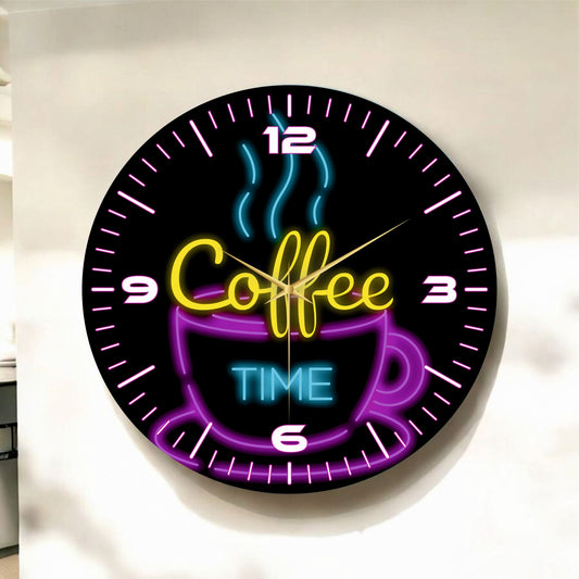 Neon Renkli Coffee Time Yazılı Baskı Desenli Sayılı Hediyelik Ahşap Sessiz Tablo Duvar Saati