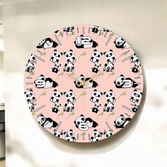 Pembe Renkli Baskı Panda Desenli Sayılı Hediyelik Ahşap Sessiz Tablo Duvar Saati