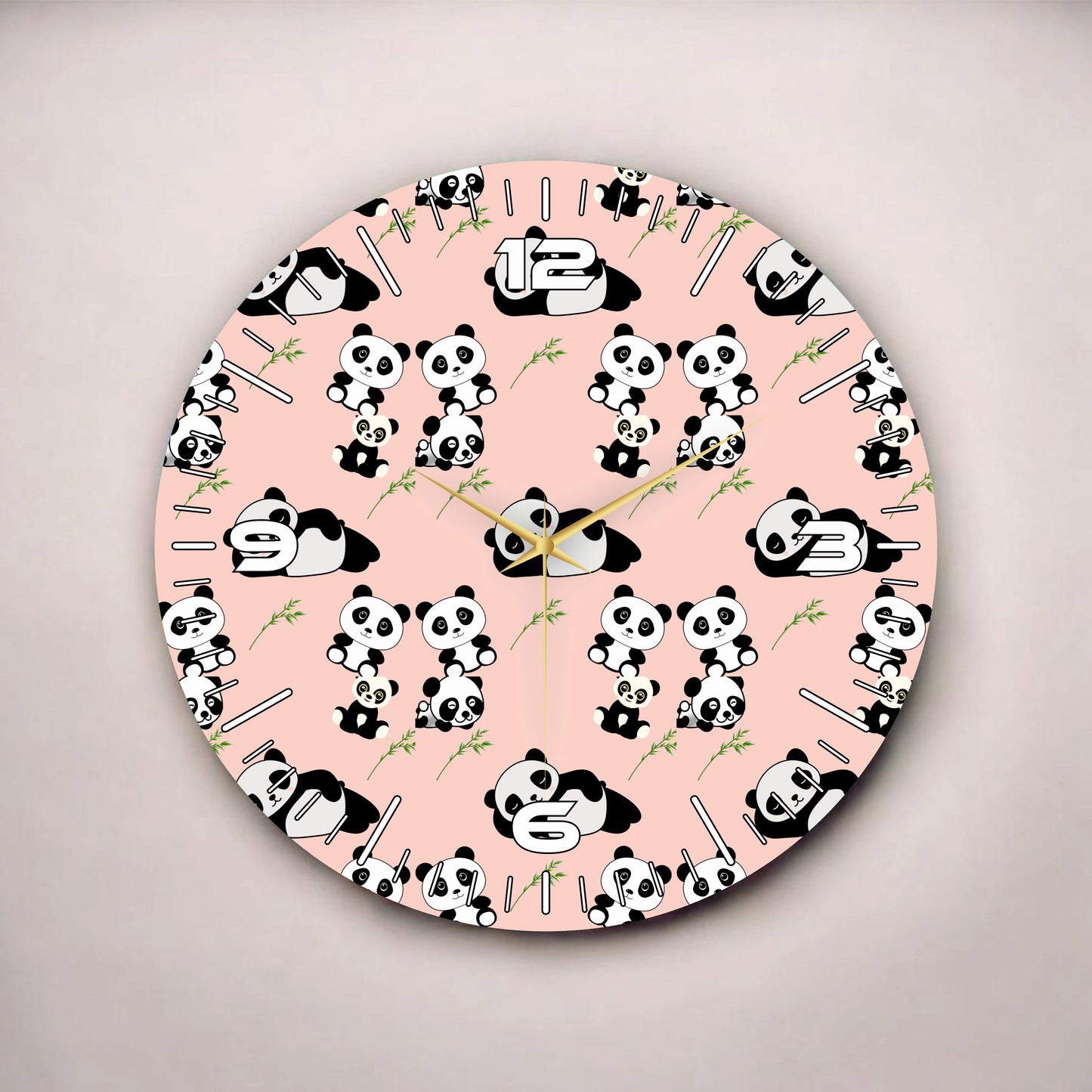Pembe Renkli Baskı Panda Desenli Sayılı Hediyelik Ahşap Sessiz Tablo Duvar Saati
