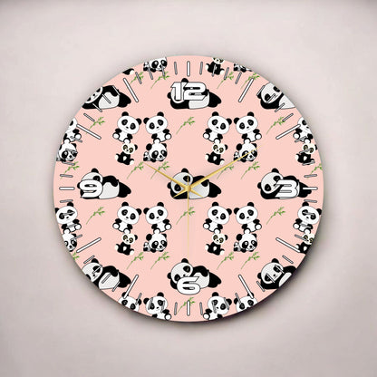 Pembe Renkli Baskı Panda Desenli Sayılı Hediyelik Ahşap Sessiz Tablo Duvar Saati