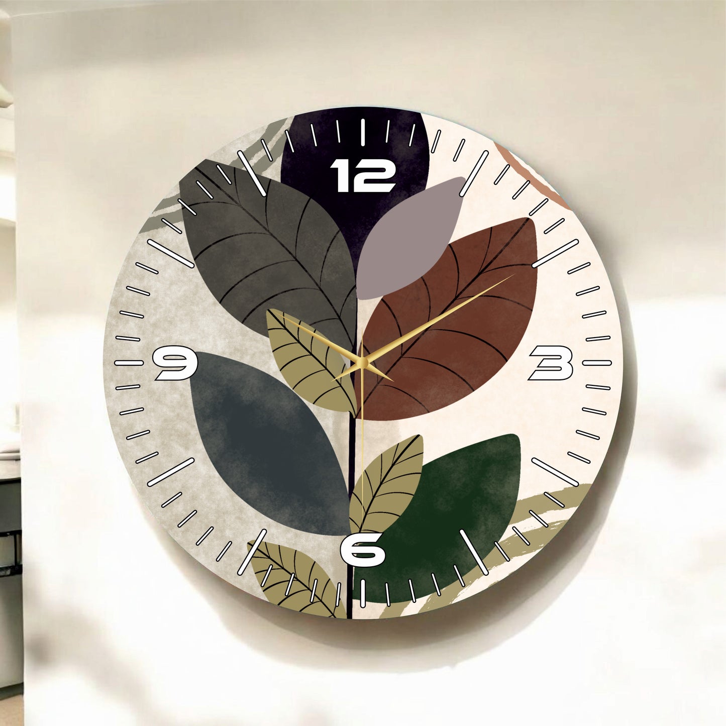 Renkli Baskı Çiçek Yaprak Desenli Sayılı Hediyelik Ahşap Sessiz Tablo Duvar Saati