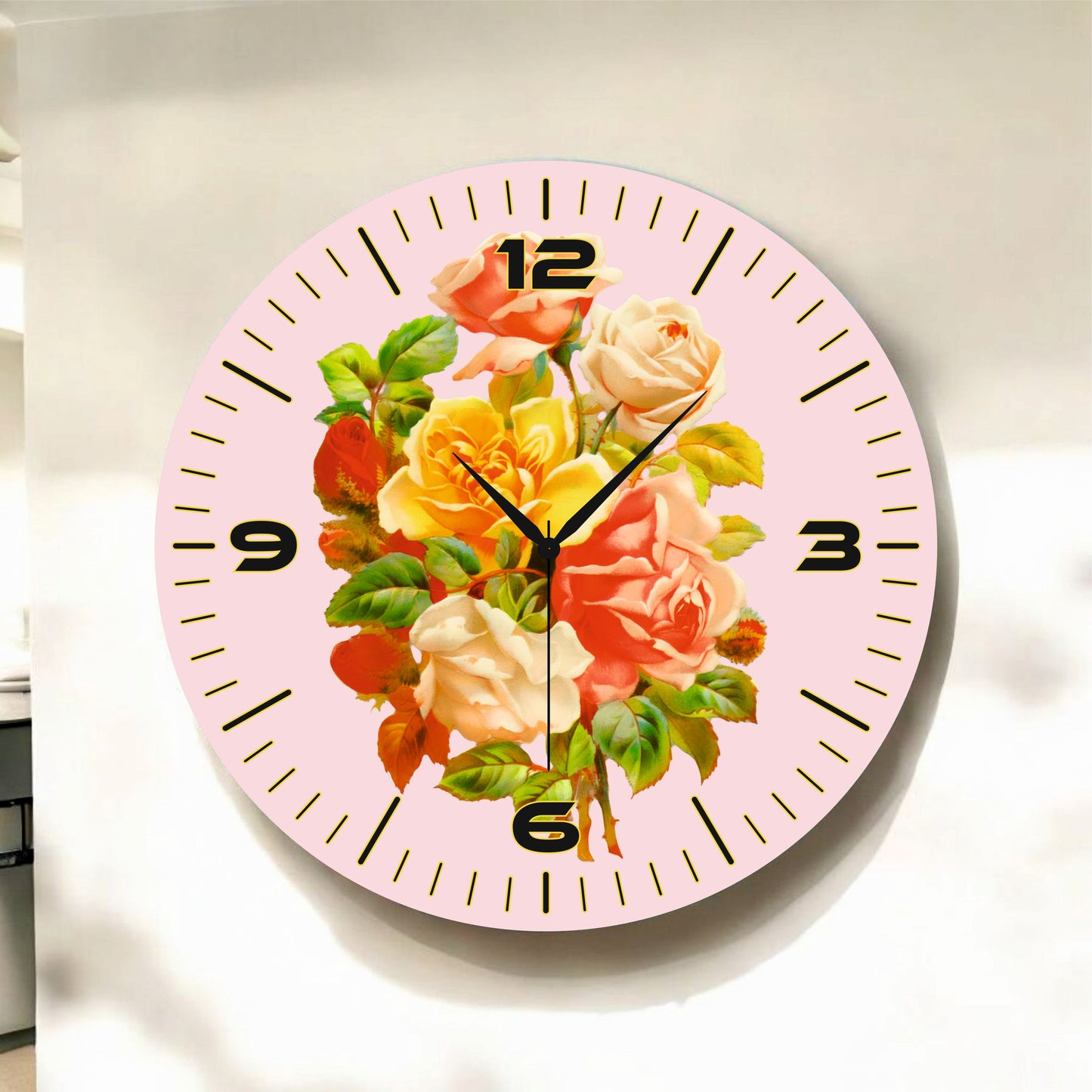Renkli Baskı Çiçek Gül Desenli Sayılı Hediyelik Ahşap Sessiz Tablo Duvar Saati