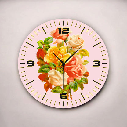 Renkli Baskı Çiçek Gül Desenli Sayılı Hediyelik Ahşap Sessiz Tablo Duvar Saati