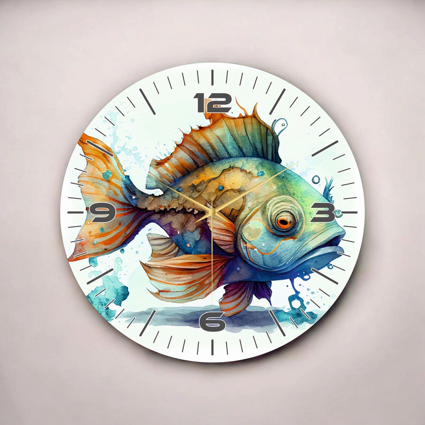 Renkli Baskı Balık Desenli Sayılı Hediyelik Ahşap Sessiz Tablo Duvar Saati