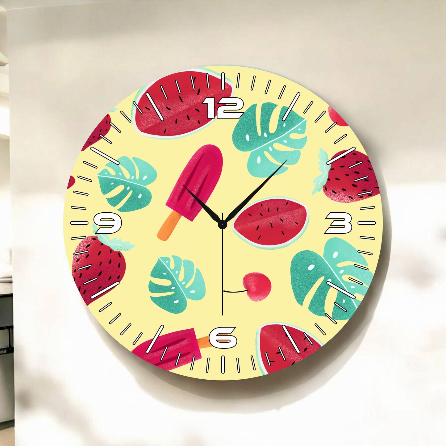 Renkli Baskı Dondurma Karpuz Yaprak Desenli Sayılı Hediyelik Ahşap Sessiz Tablo Duvar Saati