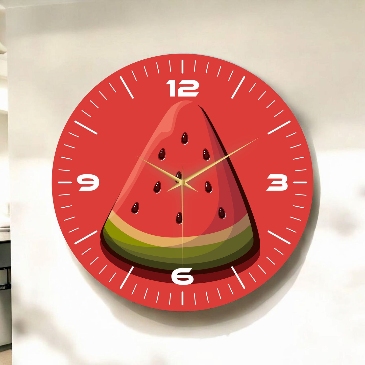 Kırmızı Renkli Baskı Karpuz Meyve Desenli Sayılı Hediyelik Ahşap Sessiz Tablo Duvar Saati