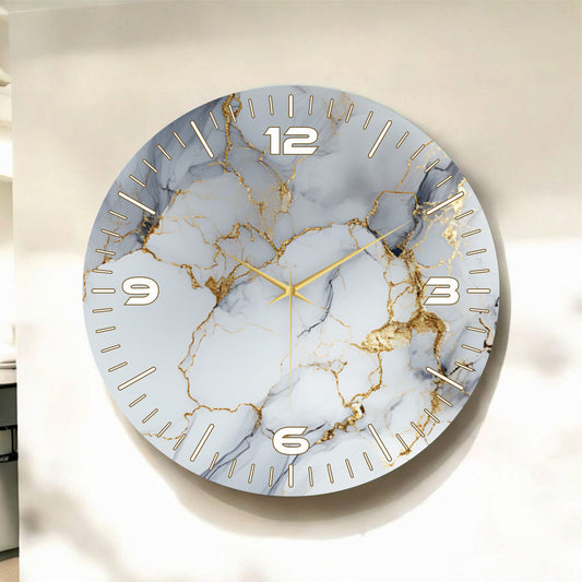 Renkli Baskı Gold Mermer Desenli Sayılı Hediyelik Ahşap Sessiz Tablo Duvar Saati