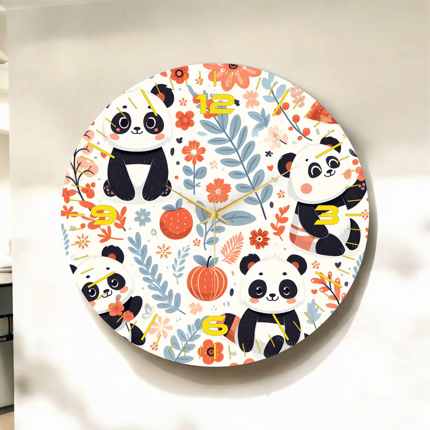 Renkli Baskı Panda Desenli Sayılı Hediyelik Ahşap Sessiz Tablo Duvar Saati