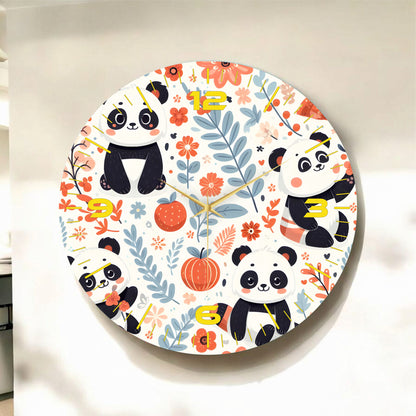 Renkli Baskı Panda Desenli Sayılı Hediyelik Ahşap Sessiz Tablo Duvar Saati