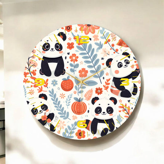 Renkli Baskı Panda Desenli Sayılı Hediyelik Ahşap Sessiz Tablo Duvar Saati