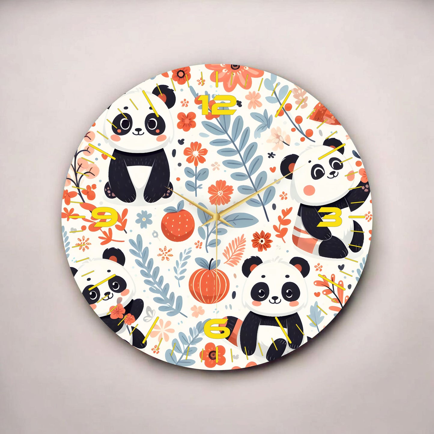 Renkli Baskı Panda Desenli Sayılı Hediyelik Ahşap Sessiz Tablo Duvar Saati