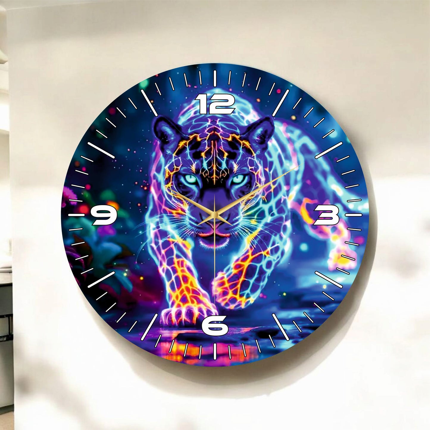 Renkli Baskı Leopar Desenli Sayılı Hediyelik Ahşap Sessiz Tablo Duvar Saati 45cm