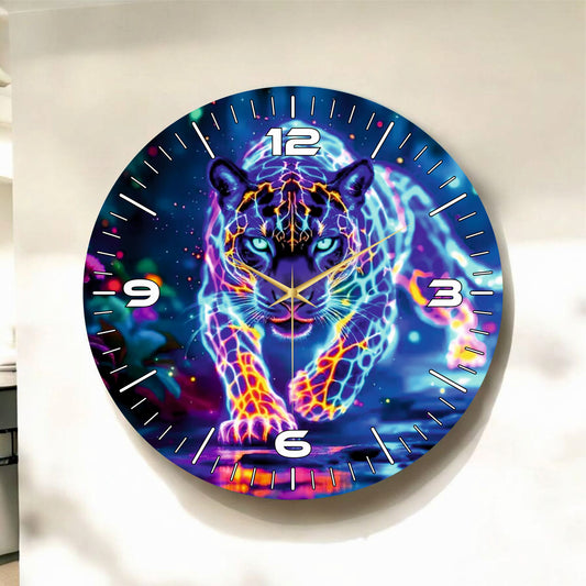 Renkli Baskı Leopar Desenli Sayılı Hediyelik Ahşap Sessiz Tablo Duvar Saati 45cm