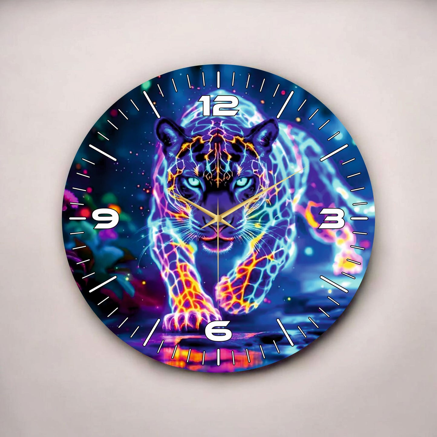 Renkli Baskı Leopar Desenli Sayılı Hediyelik Ahşap Sessiz Tablo Duvar Saati 45cm