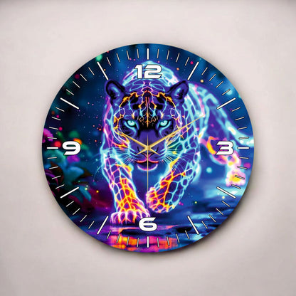 Renkli Baskı Leopar Desenli Sayılı Hediyelik Ahşap Sessiz Tablo Duvar Saati 45cm