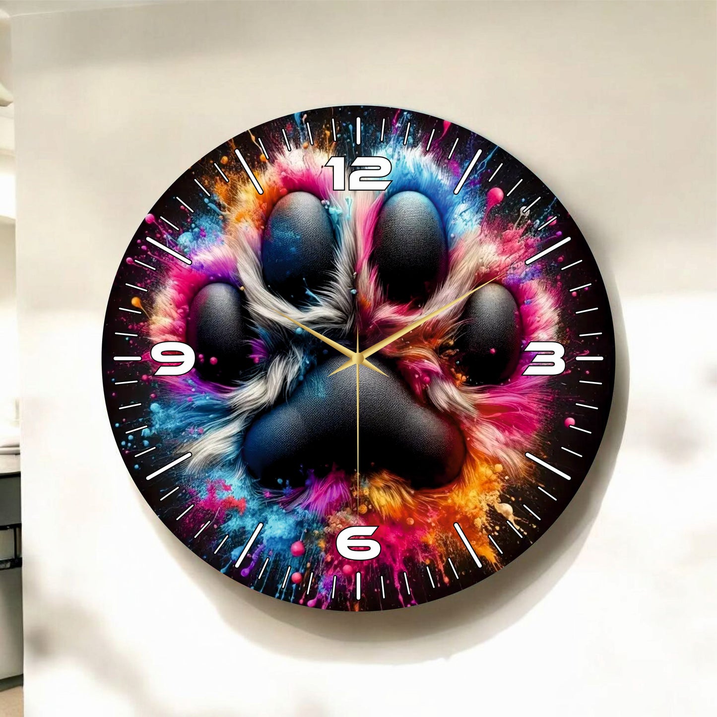 Renkli Baskı Kedi Pati Çocuk Desenli Sayılı Hediyelik Ahşap Sessiz Tablo Duvar Saati