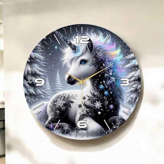 Unicorn Tek Boynuzlu At Renkli Baskı Desenli Sayılı Hediyelik Ahşap Sessiz Tablo Duvar Saati