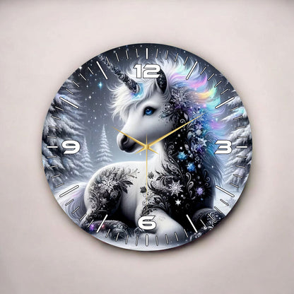 Unicorn Tek Boynuzlu At Renkli Baskı Desenli Sayılı Hediyelik Ahşap Sessiz Tablo Duvar Saati