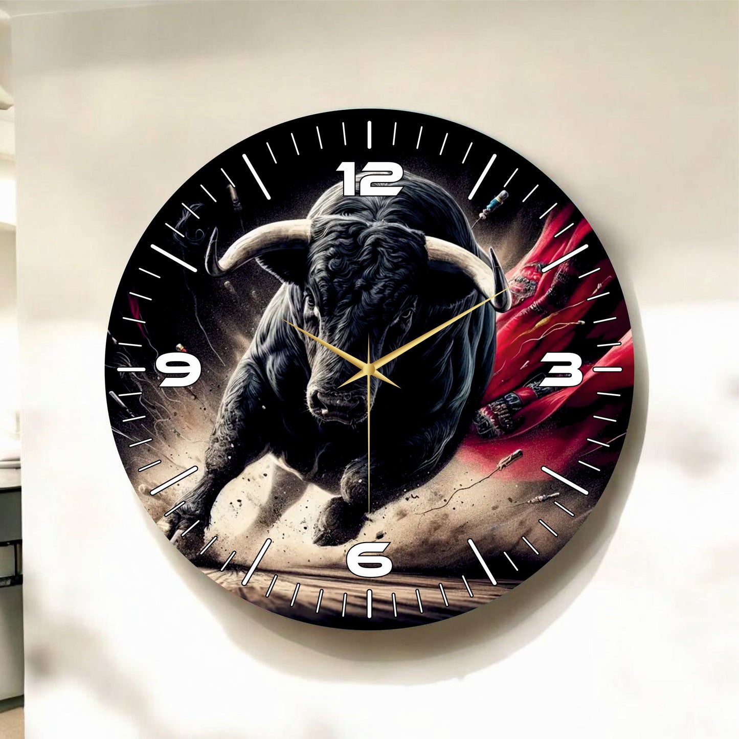 Boğa Hayvanlı Siyah Renkli Baskı Desenli Sayılı Hediyelik Ahşap Sessiz Tablo Duvar Saati