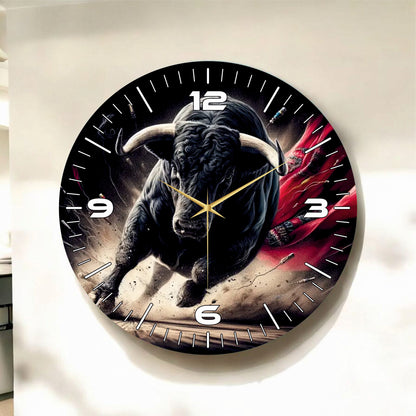 Boğa Hayvanlı Siyah Renkli Baskı Desenli Sayılı Hediyelik Ahşap Sessiz Tablo Duvar Saati