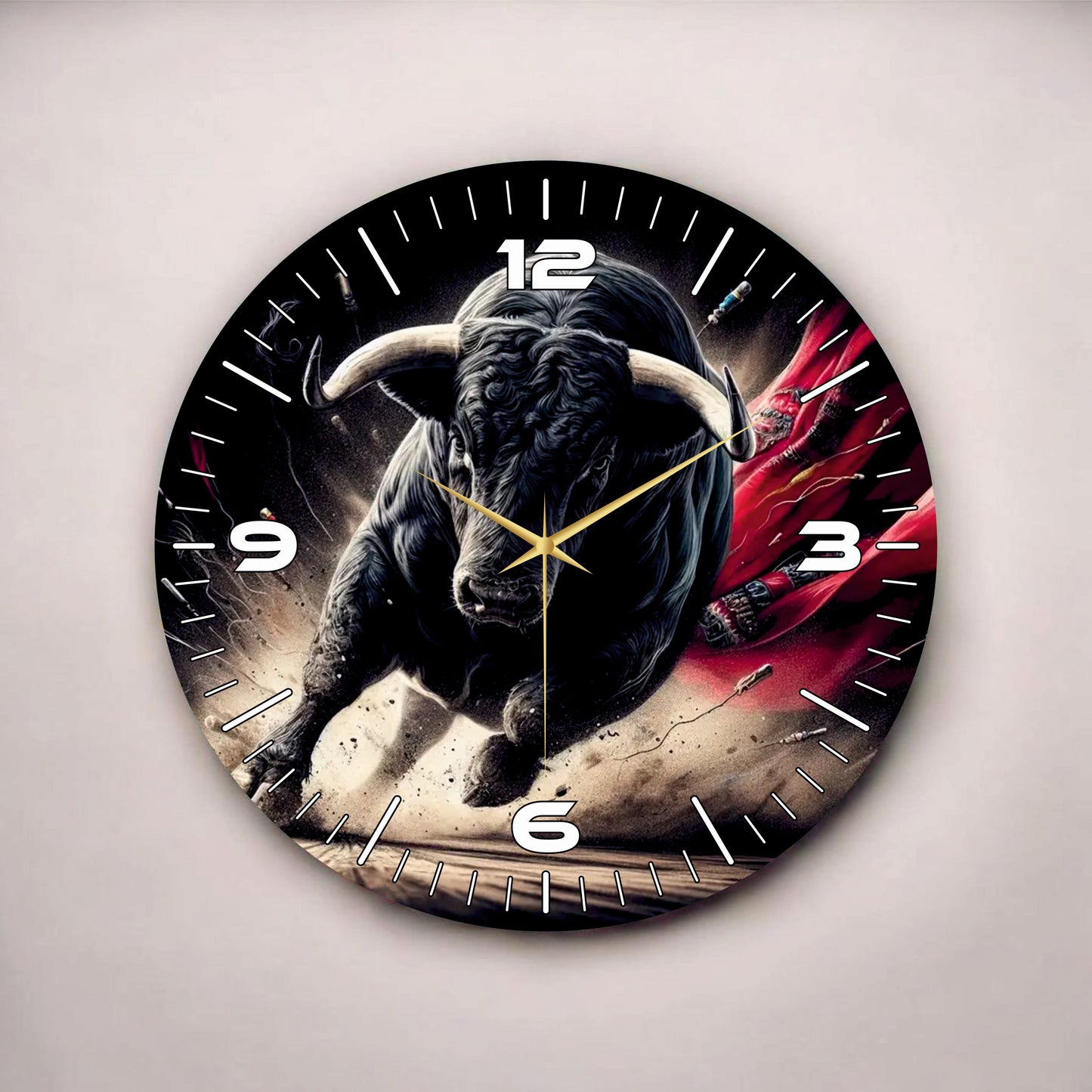 Boğa Hayvanlı Siyah Renkli Baskı Desenli Sayılı Hediyelik Ahşap Sessiz Tablo Duvar Saati