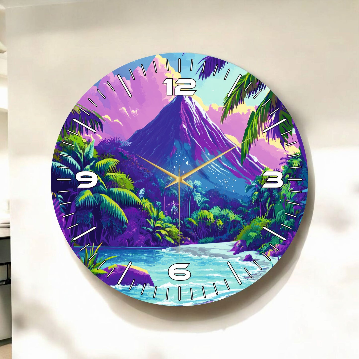 Dağ Doğa Renkli Baskı Desenli Sayılı Hediyelik Ahşap Sessiz Tablo Duvar Saati