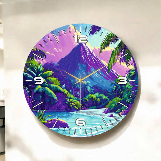 Dağ Doğa Renkli Baskı Desenli Sayılı Hediyelik Ahşap Sessiz Tablo Duvar Saati