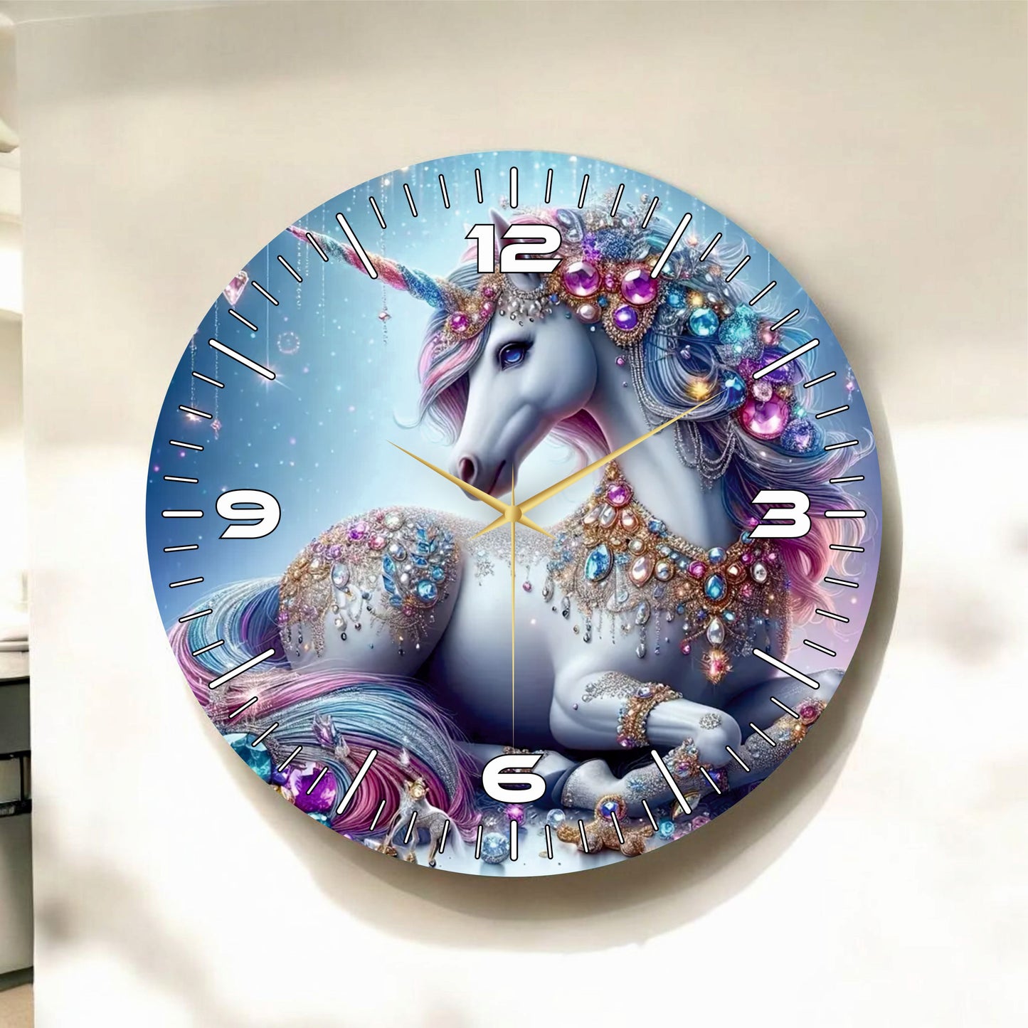 Tek Boynuzlu At Renkli Baskı Unicorn Hayvan Desenli Sayılı Hediyelik Ahşap Sessiz Duvar Saati