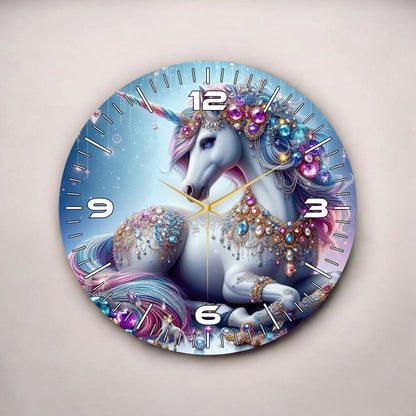 Tek Boynuzlu At Renkli Baskı Unicorn Hayvan Desenli Sayılı Hediyelik Ahşap Sessiz Duvar Saati
