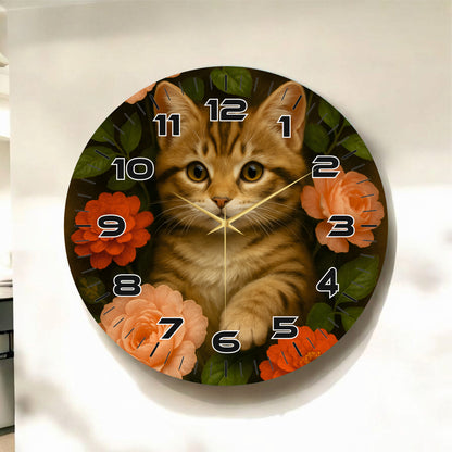 Renkli Baskı Kedi Çiçek Desenli Sayılı Hediyelik Ahşap Sessiz Tablo Duvar Saati