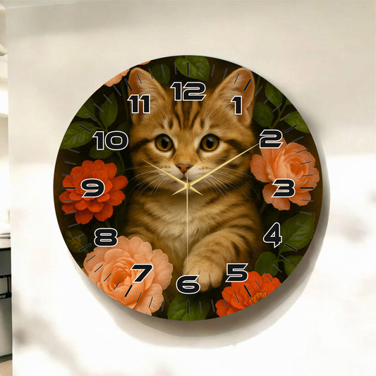 Renkli Baskı Kedi Çiçek Desenli Sayılı Hediyelik Ahşap Sessiz Tablo Duvar Saati