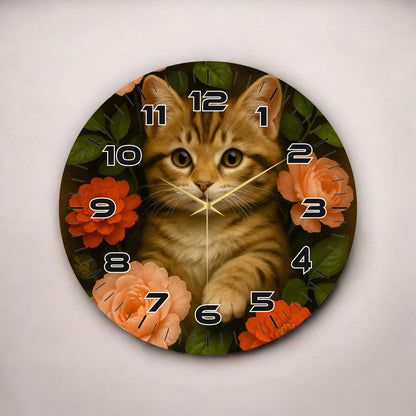 Renkli Baskı Kedi Çiçek Desenli Sayılı Hediyelik Ahşap Sessiz Tablo Duvar Saati